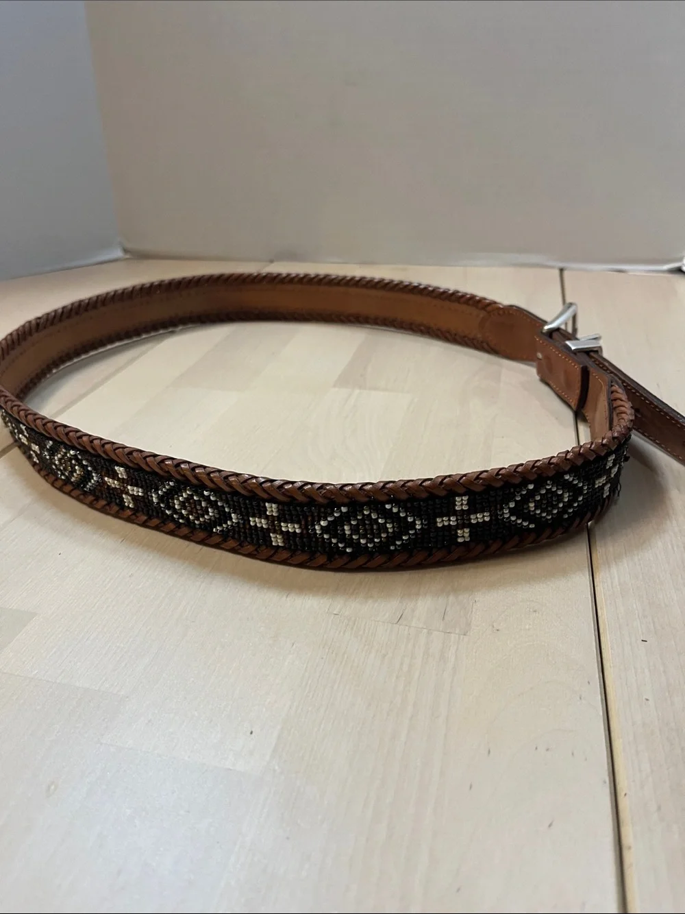 Brown Leather & Decorative Beaded Belt w/ Silver Hardware Men’s Size 38
